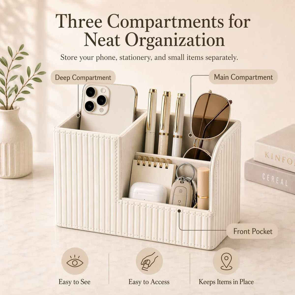 KINGFOM Desk Pen Organizer Office Supplies Caddy Pu Leather Multi-function Storage Box Pen/Pencil,Cell phone, Business Name Cards Remote Control Holder (Mocha Beige)