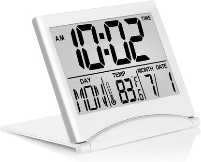Digital Travel Alarm Clock - Foldable Calendar Temperature Timer LCD Clock with Snooze Mode - Large Number Display, Battery Operated - Compact Desk Clock(Silver, No Backlight)