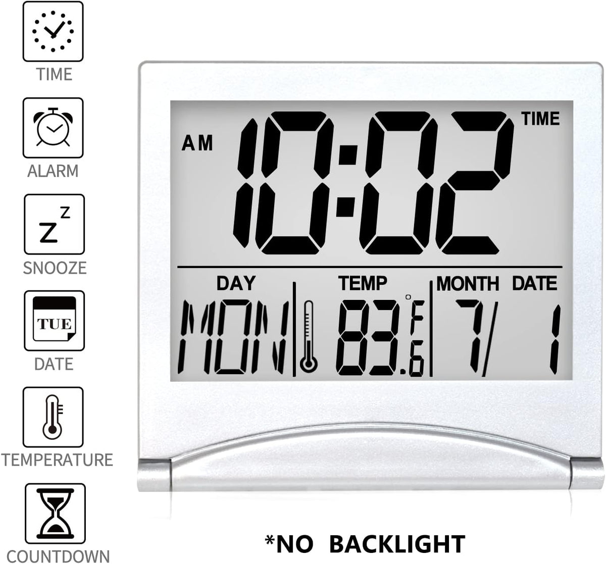 Digital Travel Alarm Clock - Foldable Calendar Temperature Timer LCD Clock with Snooze Mode - Large Number Display, Battery Operated - Compact Desk Clock(Silver, No Backlight)