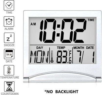 Digital Travel Alarm Clock - Foldable Calendar Temperature Timer LCD Clock with Snooze Mode - Large Number Display, Battery Operated - Compact Desk Clock(Silver, No Backlight)