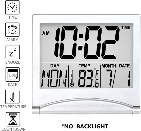 Digital Travel Alarm Clock - Foldable Calendar Temperature Timer LCD Clock with Snooze Mode - Large Number Display, Battery Operated - Compact Desk Clock(Silver, No Backlight)