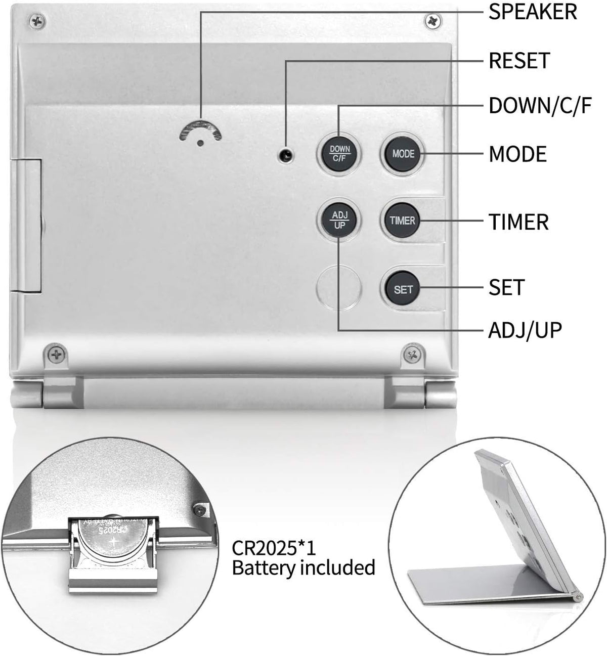 Digital Travel Alarm Clock - Foldable Calendar Temperature Timer LCD Clock with Snooze Mode - Large Number Display, Battery Operated - Compact Desk Clock(Silver, No Backlight)