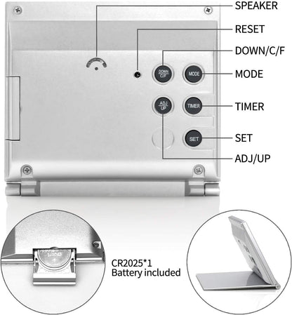 Digital Travel Alarm Clock - Foldable Calendar Temperature Timer LCD Clock with Snooze Mode - Large Number Display, Battery Operated - Compact Desk Clock(Silver, No Backlight)