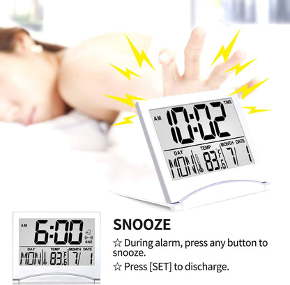 Digital Travel Alarm Clock - Foldable Calendar Temperature Timer LCD Clock with Snooze Mode - Large Number Display, Battery Operated - Compact Desk Clock(Silver, No Backlight)