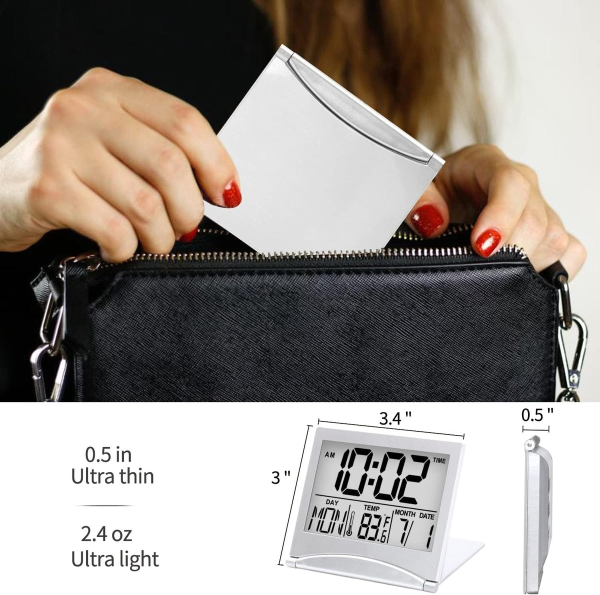 Digital Travel Alarm Clock - Foldable Calendar Temperature Timer LCD Clock with Snooze Mode - Large Number Display, Battery Operated - Compact Desk Clock(Silver, No Backlight)