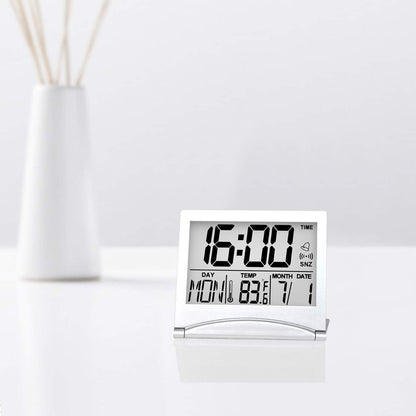 Digital Travel Alarm Clock - Foldable Calendar Temperature Timer LCD Clock with Snooze Mode - Large Number Display, Battery Operated - Compact Desk Clock(Silver, No Backlight)