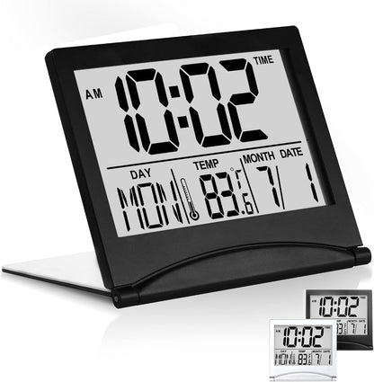 Digital Travel Alarm Clock - Foldable Calendar Temperature Timer LCD Clock with Snooze Mode - Large Number Display, Battery Operated - Compact Desk Clock(Silver, No Backlight)