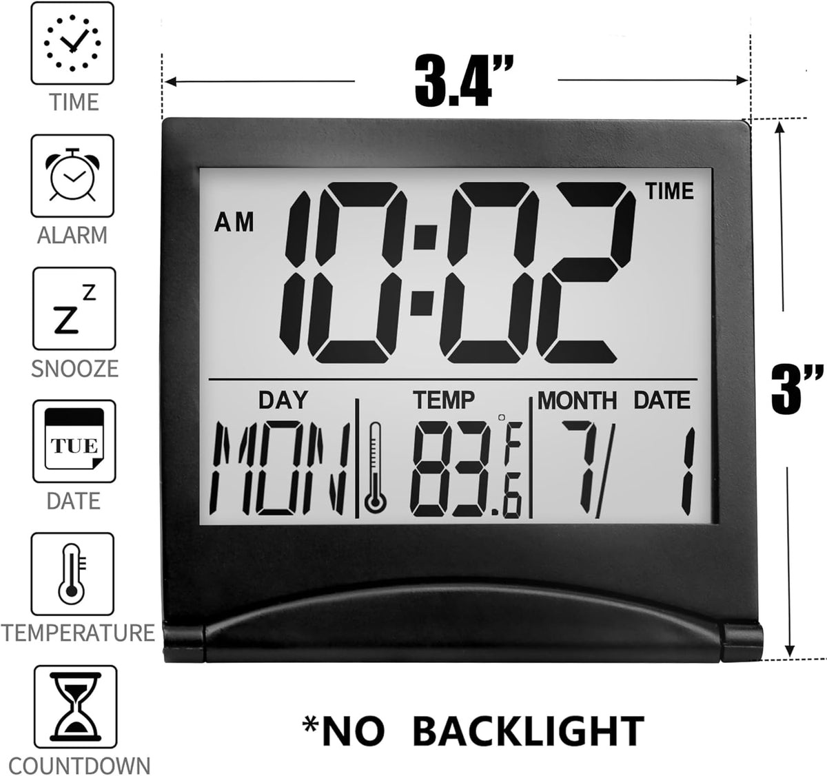 Digital Travel Alarm Clock - Foldable Calendar Temperature Timer LCD Clock with Snooze Mode - Large Number Display, Battery Operated - Compact Desk Clock(Silver, No Backlight)