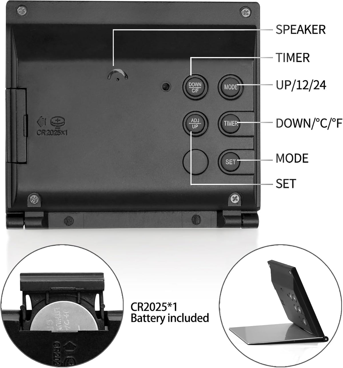Digital Travel Alarm Clock - Foldable Calendar Temperature Timer LCD Clock with Snooze Mode - Large Number Display, Battery Operated - Compact Desk Clock(Silver, No Backlight)