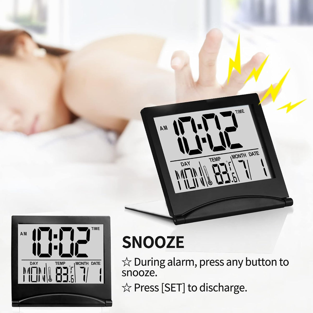 Digital Travel Alarm Clock - Foldable Calendar Temperature Timer LCD Clock with Snooze Mode - Large Number Display, Battery Operated - Compact Desk Clock(Silver, No Backlight)