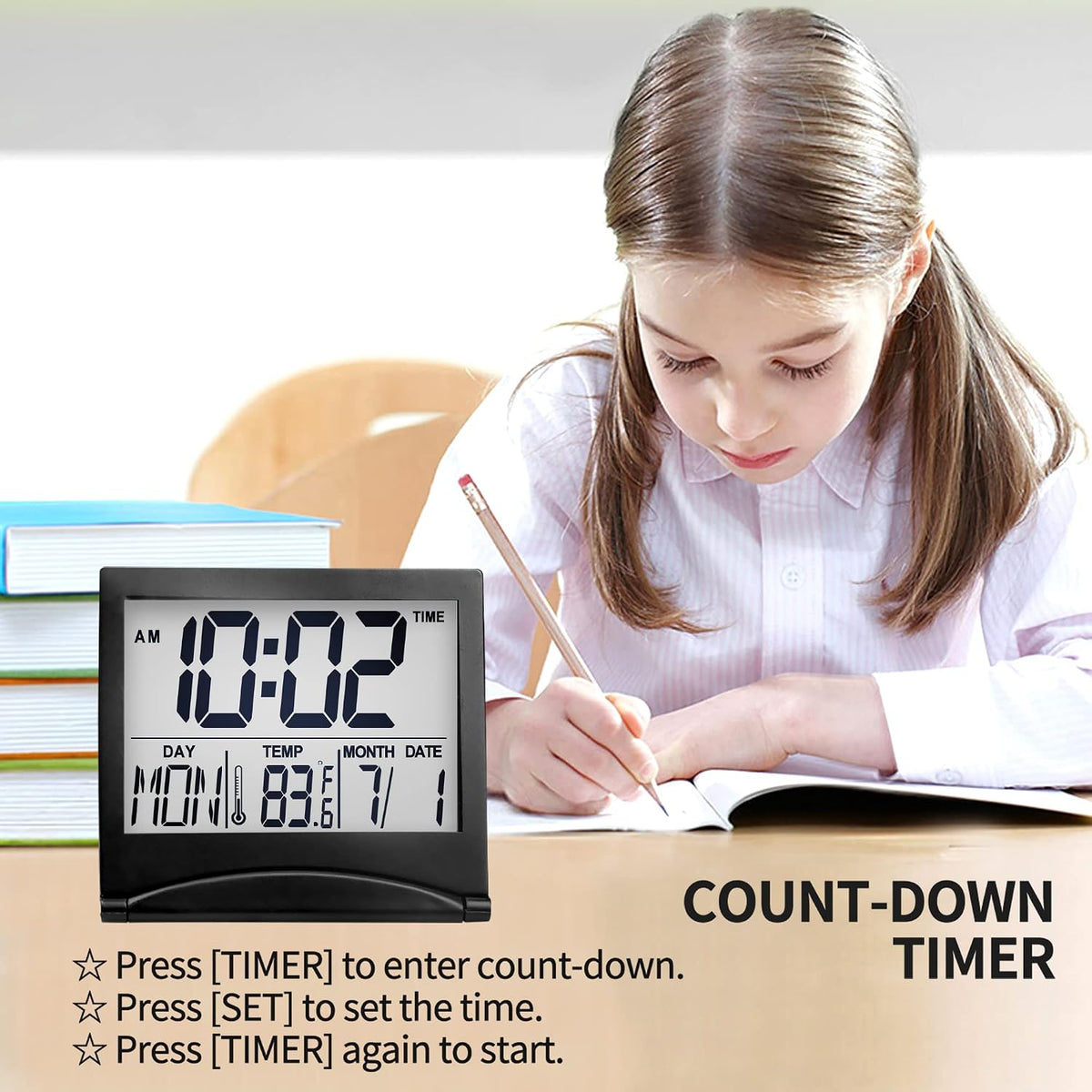 Digital Travel Alarm Clock - Foldable Calendar Temperature Timer LCD Clock with Snooze Mode - Large Number Display, Battery Operated - Compact Desk Clock(Silver, No Backlight)