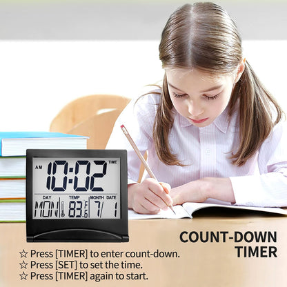 Digital Travel Alarm Clock - Foldable Calendar Temperature Timer LCD Clock with Snooze Mode - Large Number Display, Battery Operated - Compact Desk Clock(Silver, No Backlight)