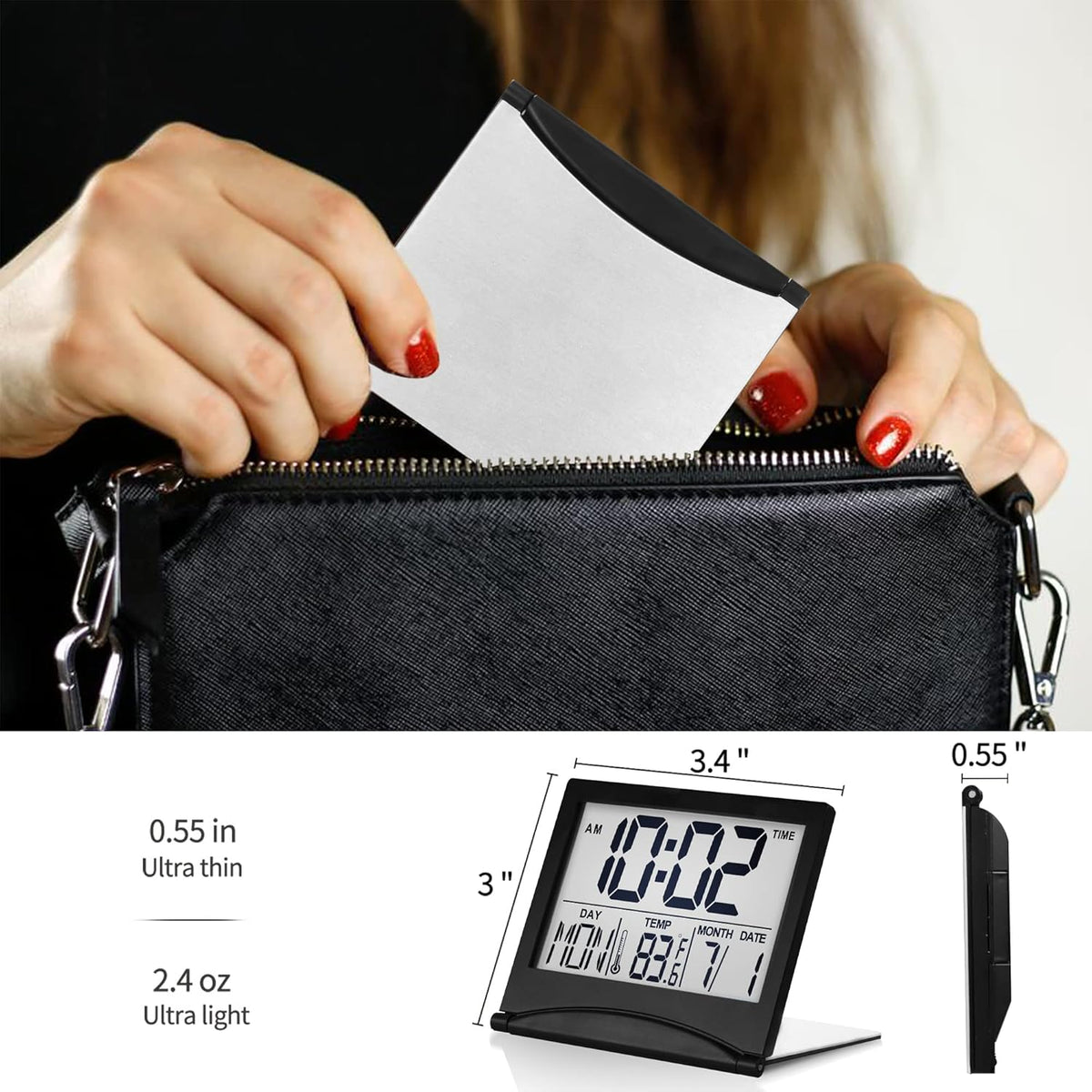 Digital Travel Alarm Clock - Foldable Calendar Temperature Timer LCD Clock with Snooze Mode - Large Number Display, Battery Operated - Compact Desk Clock(Silver, No Backlight)