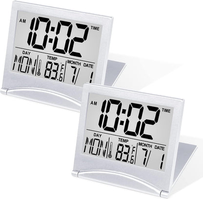 Digital Travel Alarm Clock - Foldable Calendar Temperature Timer LCD Clock with Snooze Mode - Large Number Display, Battery Operated - Compact Desk Clock(Silver, No Backlight)