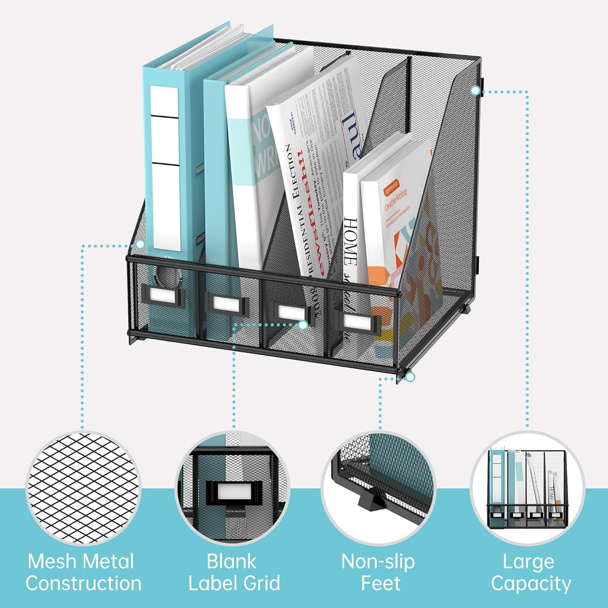 4-Compartment Magazine File Holder and File Organizer for Desk, Black