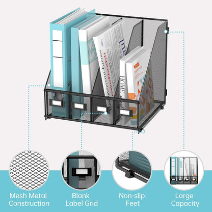 4-Compartment Magazine File Holder and File Organizer for Desk, Black