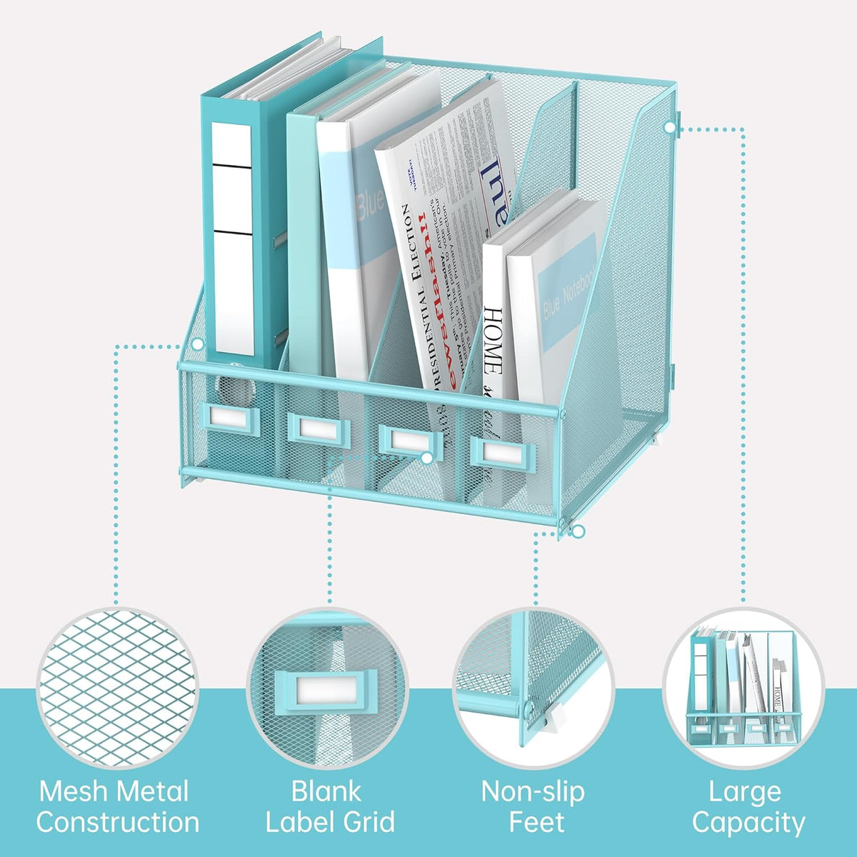 4-Compartment Magazine File Holder and File Organizer for Desk, Black