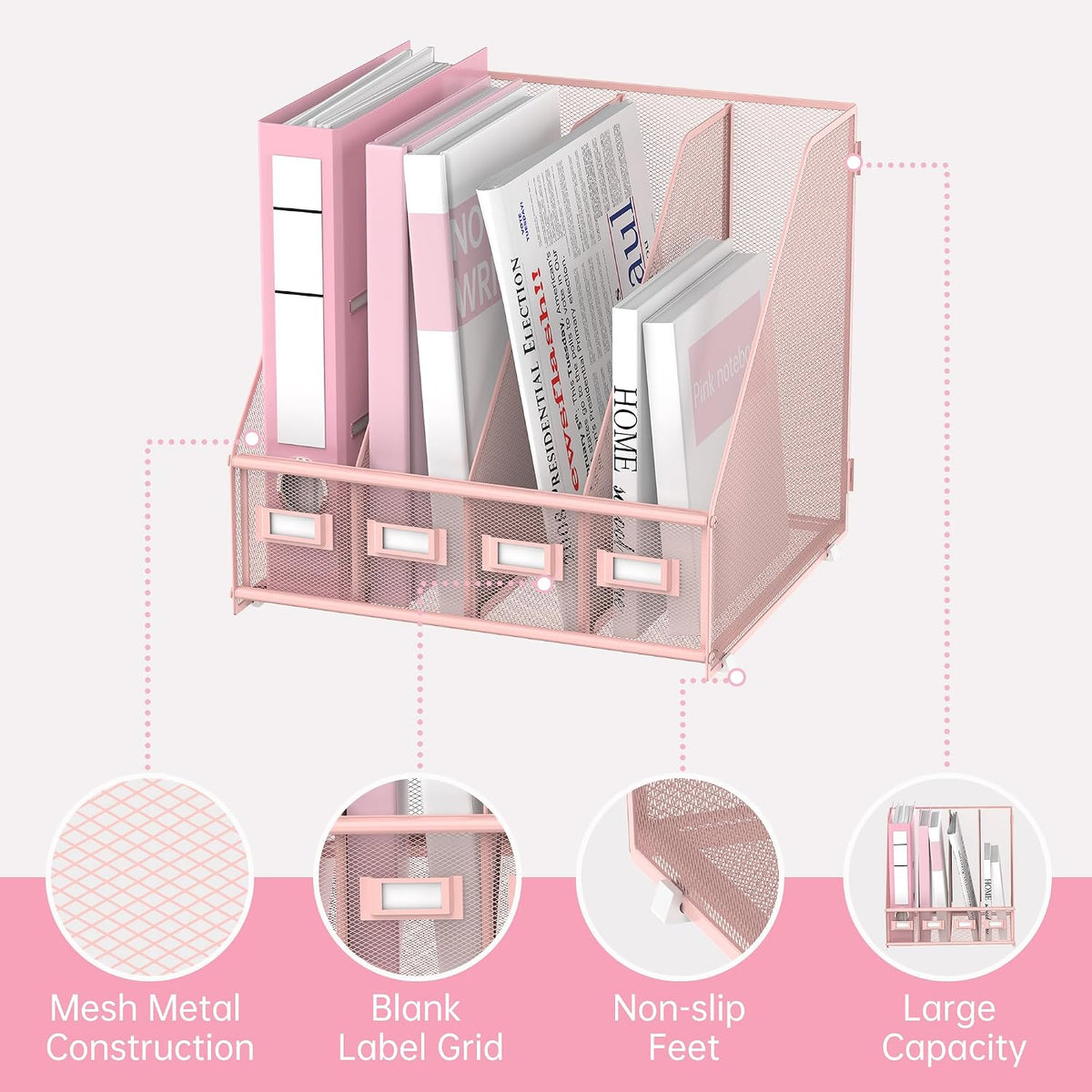 4-Compartment Magazine File Holder and File Organizer for Desk, Black
