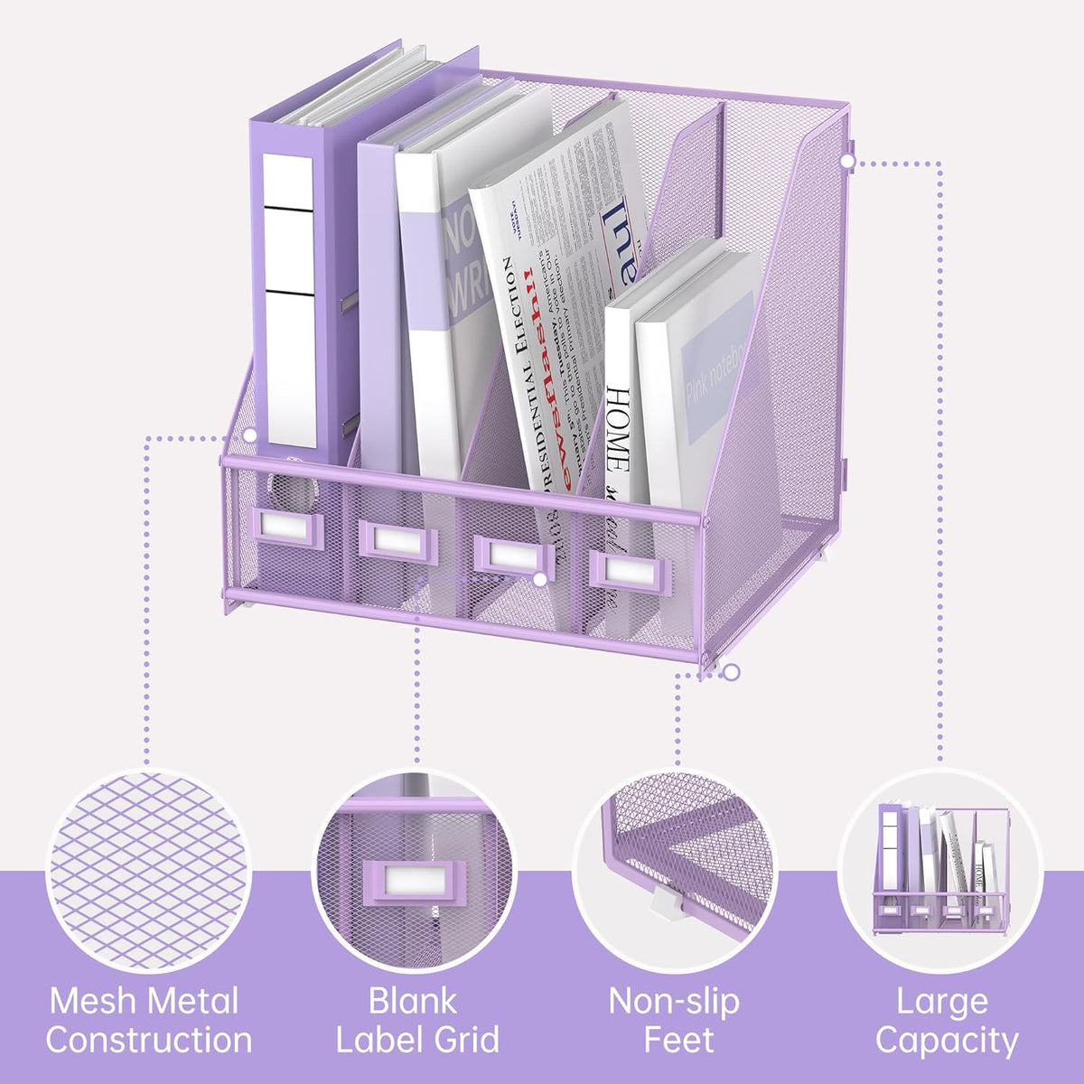 4-Compartment Magazine File Holder and File Organizer for Desk, Black