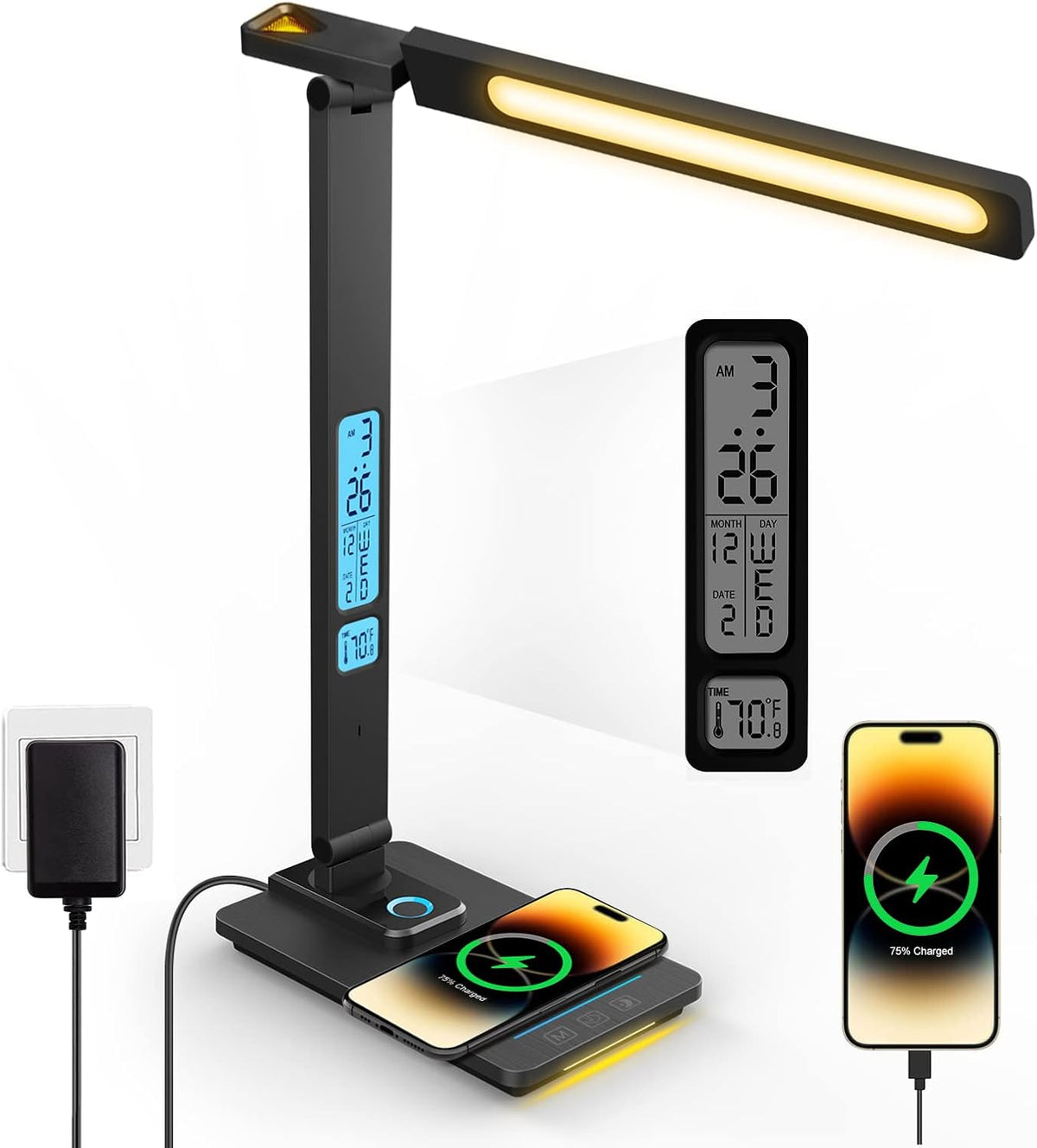LAOPAO Desk Lamp with Wireless Charger: USB Charging Port, Table Lamp with Clock, Desk Lamps for Home Office College Dorm Room Essentials