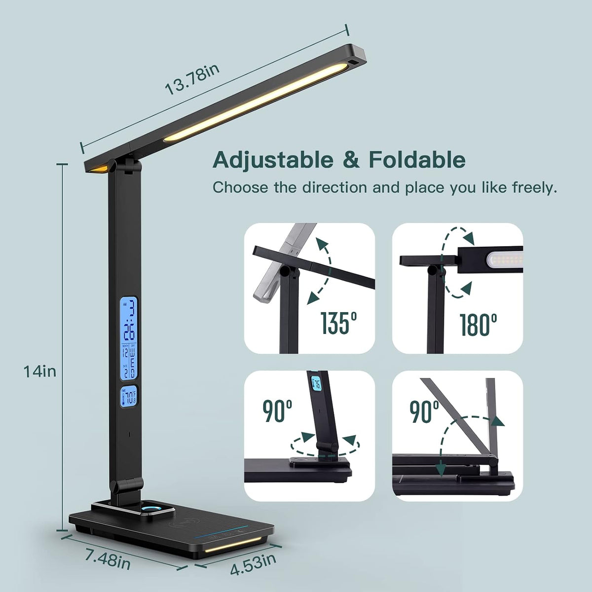LAOPAO Desk Lamp with Wireless Charger: USB Charging Port, Table Lamp with Clock, Desk Lamps for Home Office College Dorm Room Essentials