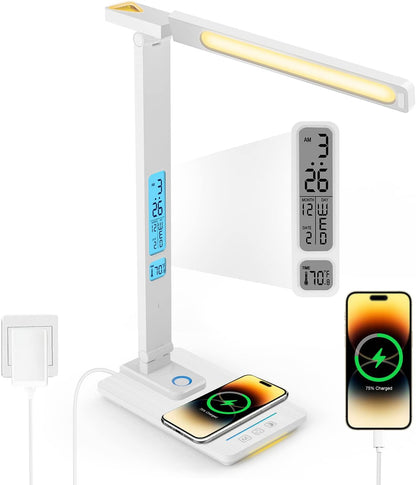 LAOPAO Desk Lamp with Wireless Charger: USB Charging Port, Table Lamp with Clock, Desk Lamps for Home Office College Dorm Room Essentials