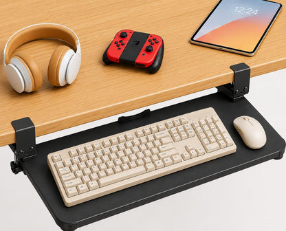 Under Desk Keyboard Tray Slide Out, 25 x 9.8 Inch Clamp-On Pull Out Drawer with Mouse Space, Ergonomic Keyboard Holder for Comfortable Typing at Home and Office