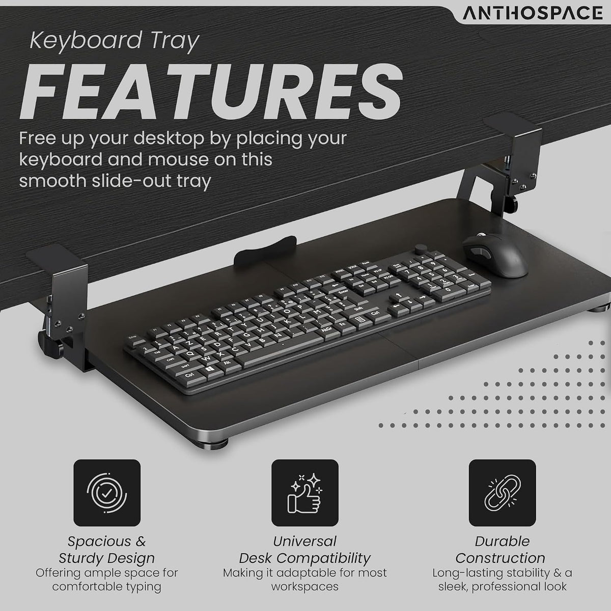 Under Desk Keyboard Tray Slide Out, 25 x 9.8 Inch Clamp-On Pull Out Drawer with Mouse Space, Ergonomic Keyboard Holder for Comfortable Typing at Home and Office