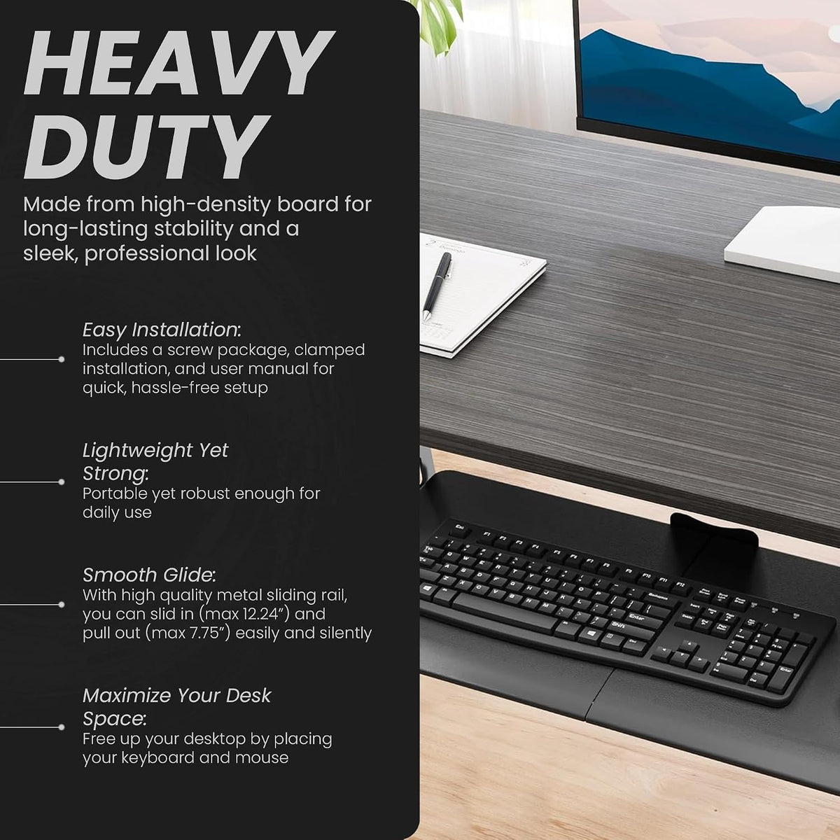 Under Desk Keyboard Tray Slide Out, 25 x 9.8 Inch Clamp-On Pull Out Drawer with Mouse Space, Ergonomic Keyboard Holder for Comfortable Typing at Home and Office