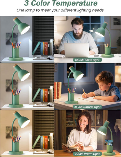 LED Desk Lamp for Home Office, Table Lamp with Pen Holder, 3 Color Modes Reading Light, Eye-Caring Desk Light with Gooseneck, Metal Study Lamp for Dorm Bedside Bedroom (Green Lamp)