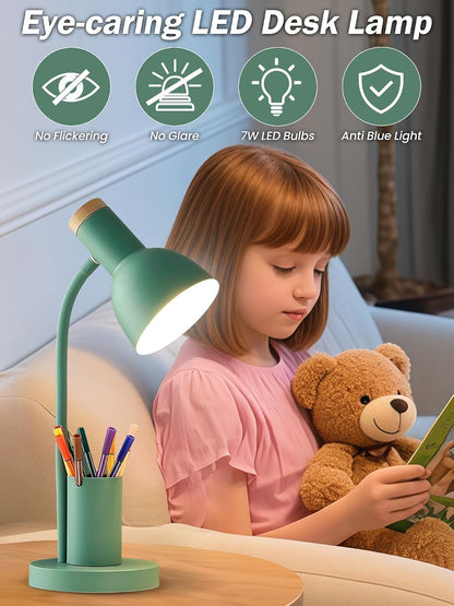 LED Desk Lamp for Home Office, Table Lamp with Pen Holder, 3 Color Modes Reading Light, Eye-Caring Desk Light with Gooseneck, Metal Study Lamp for Dorm Bedside Bedroom (Green Lamp)