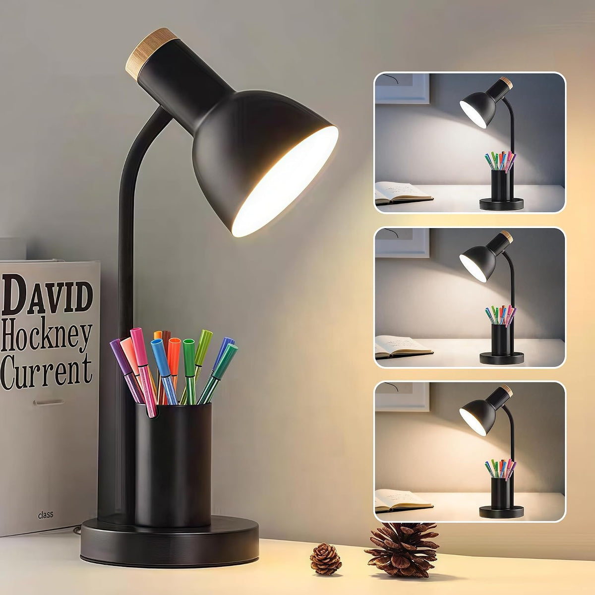 LED Desk Lamp for Home Office, Table Lamp with Pen Holder, 3 Color Modes Reading Light, Eye-Caring Desk Light with Gooseneck, Metal Study Lamp for Dorm Bedside Bedroom (Green Lamp)
