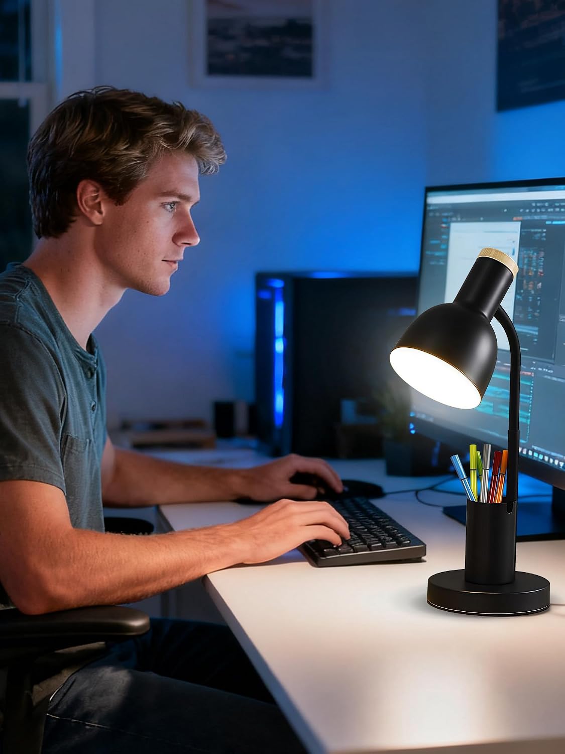 LED Desk Lamp for Home Office, Table Lamp with Pen Holder, 3 Color Modes Reading Light, Eye-Caring Desk Light with Gooseneck, Metal Study Lamp for Dorm Bedside Bedroom (Green Lamp)