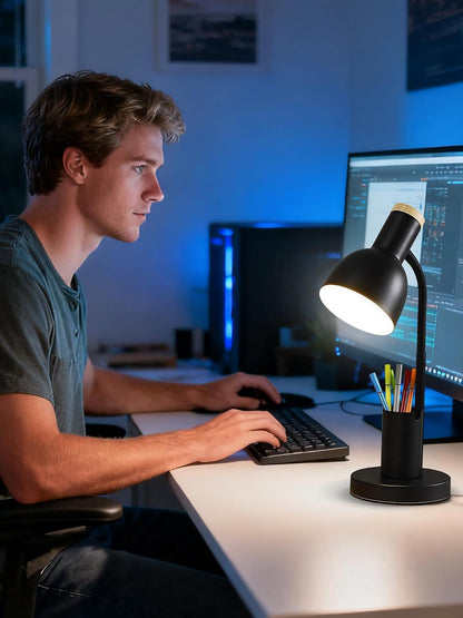 LED Desk Lamp for Home Office, Table Lamp with Pen Holder, 3 Color Modes Reading Light, Eye-Caring Desk Light with Gooseneck, Metal Study Lamp for Dorm Bedside Bedroom (Green Lamp)