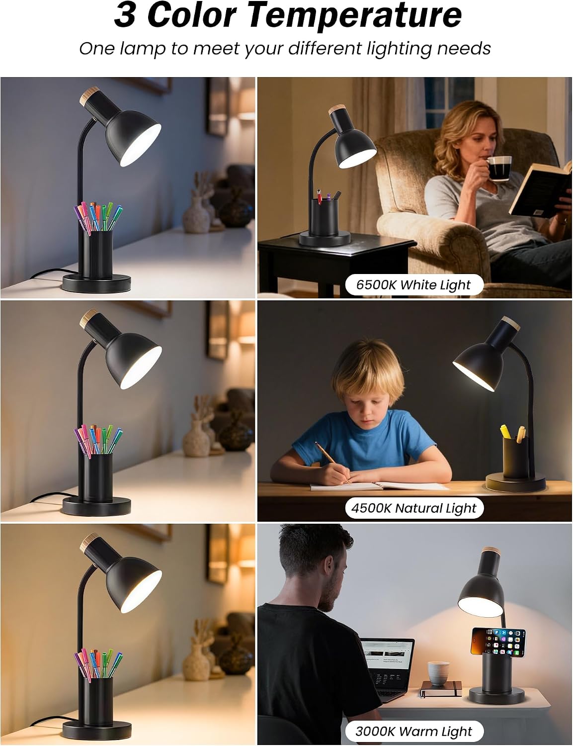 LED Desk Lamp for Home Office, Table Lamp with Pen Holder, 3 Color Modes Reading Light, Eye-Caring Desk Light with Gooseneck, Metal Study Lamp for Dorm Bedside Bedroom (Green Lamp)