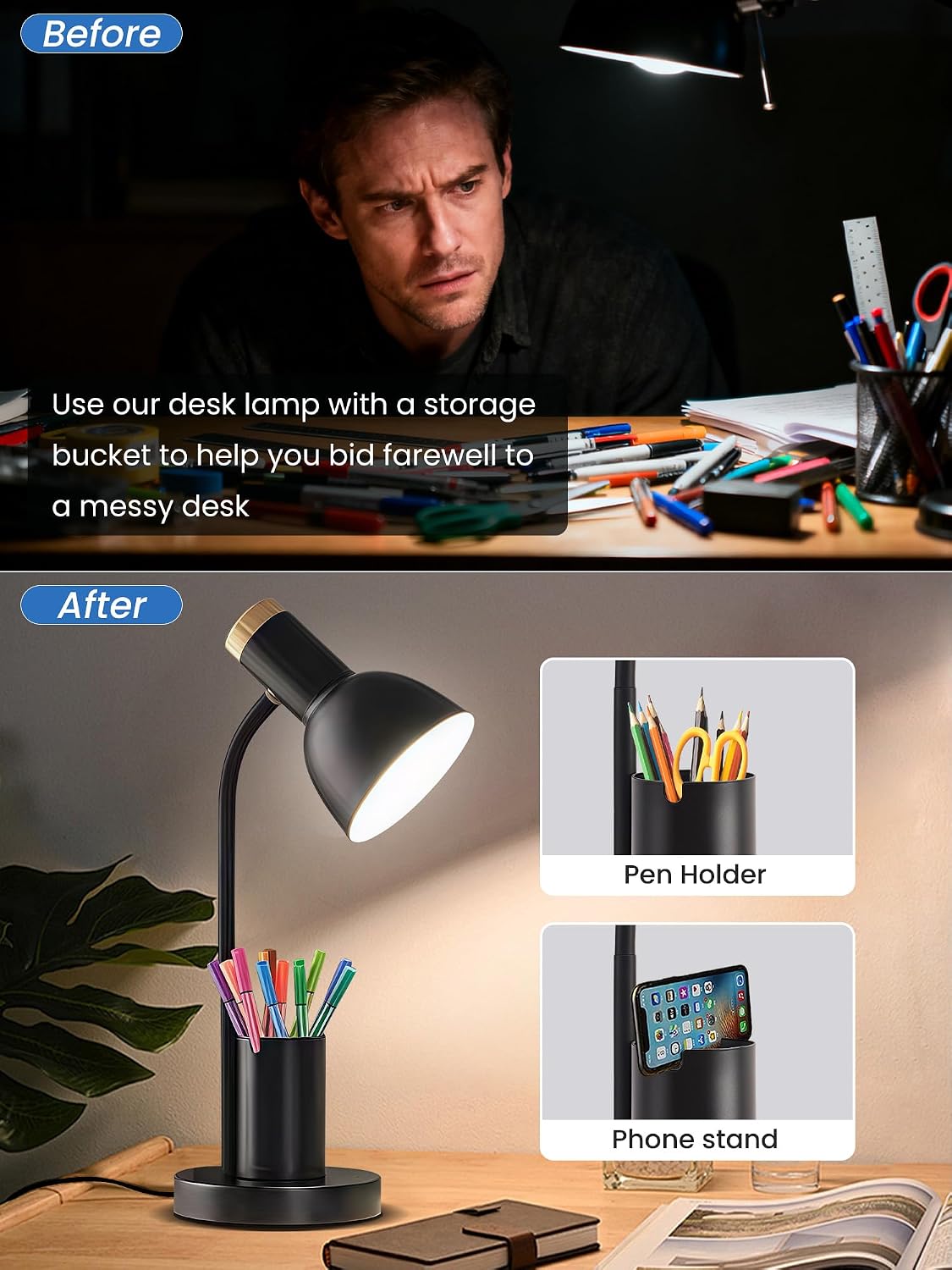 LED Desk Lamp for Home Office, Table Lamp with Pen Holder, 3 Color Modes Reading Light, Eye-Caring Desk Light with Gooseneck, Metal Study Lamp for Dorm Bedside Bedroom (Green Lamp)