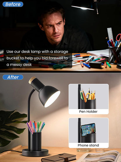 LED Desk Lamp for Home Office, Table Lamp with Pen Holder, 3 Color Modes Reading Light, Eye-Caring Desk Light with Gooseneck, Metal Study Lamp for Dorm Bedside Bedroom (Green Lamp)