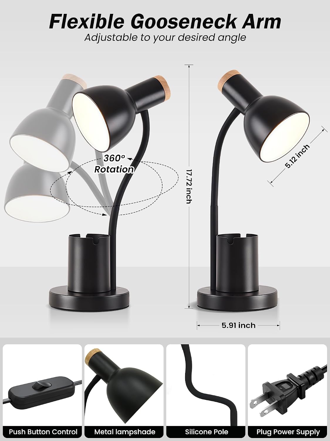 LED Desk Lamp for Home Office, Table Lamp with Pen Holder, 3 Color Modes Reading Light, Eye-Caring Desk Light with Gooseneck, Metal Study Lamp for Dorm Bedside Bedroom (Green Lamp)