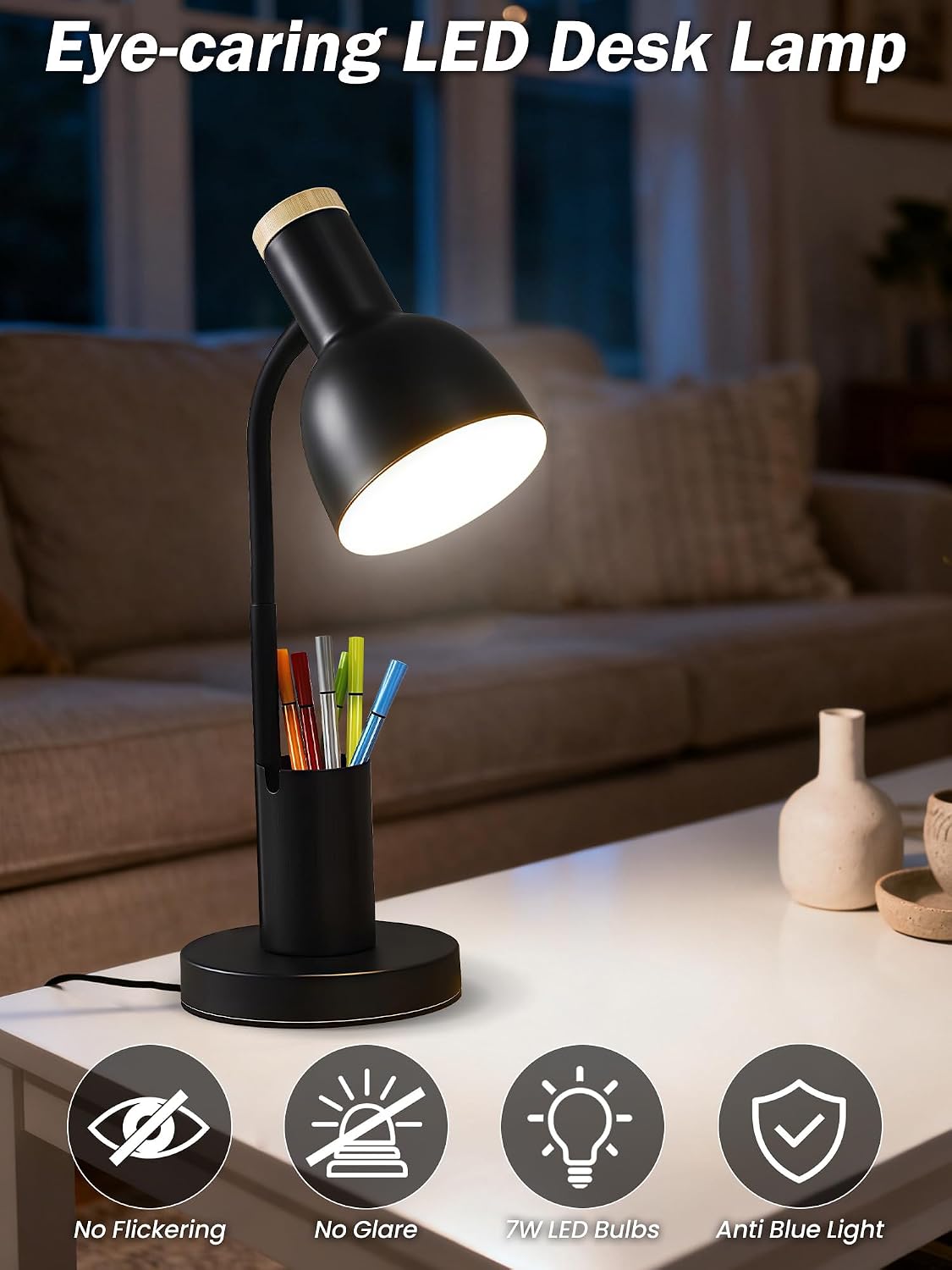 LED Desk Lamp for Home Office, Table Lamp with Pen Holder, 3 Color Modes Reading Light, Eye-Caring Desk Light with Gooseneck, Metal Study Lamp for Dorm Bedside Bedroom (Green Lamp)