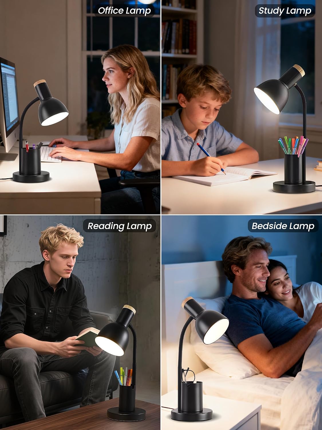 LED Desk Lamp for Home Office, Table Lamp with Pen Holder, 3 Color Modes Reading Light, Eye-Caring Desk Light with Gooseneck, Metal Study Lamp for Dorm Bedside Bedroom (Green Lamp)