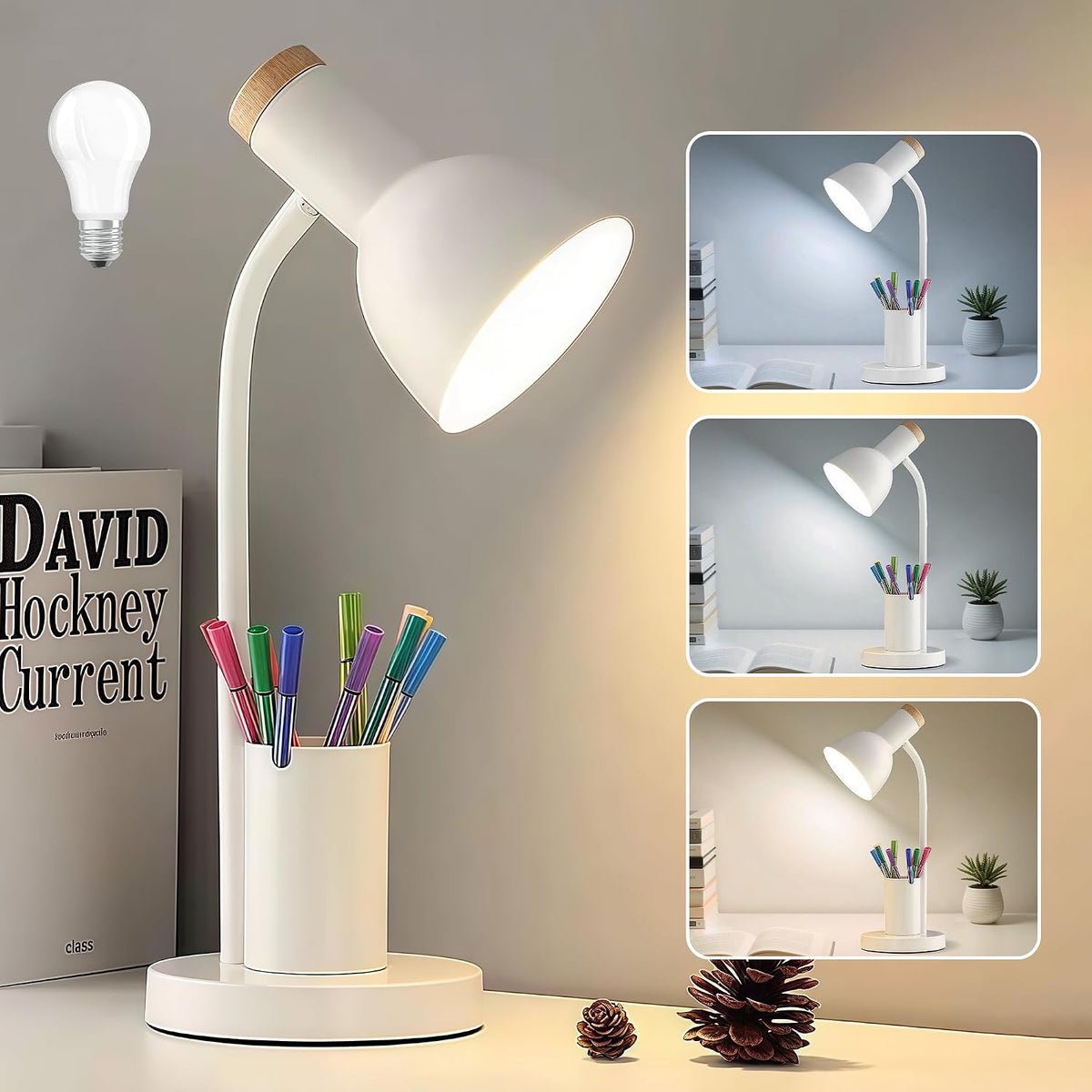 LED Desk Lamp for Home Office, Table Lamp with Pen Holder, 3 Color Modes Reading Light, Eye-Caring Desk Light with Gooseneck, Metal Study Lamp for Dorm Bedside Bedroom (Green Lamp)