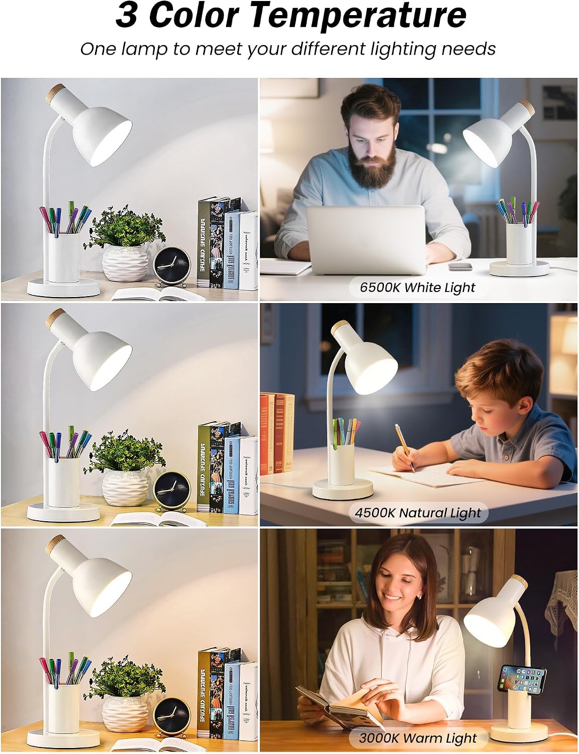 LED Desk Lamp for Home Office, Table Lamp with Pen Holder, 3 Color Modes Reading Light, Eye-Caring Desk Light with Gooseneck, Metal Study Lamp for Dorm Bedside Bedroom (Green Lamp)