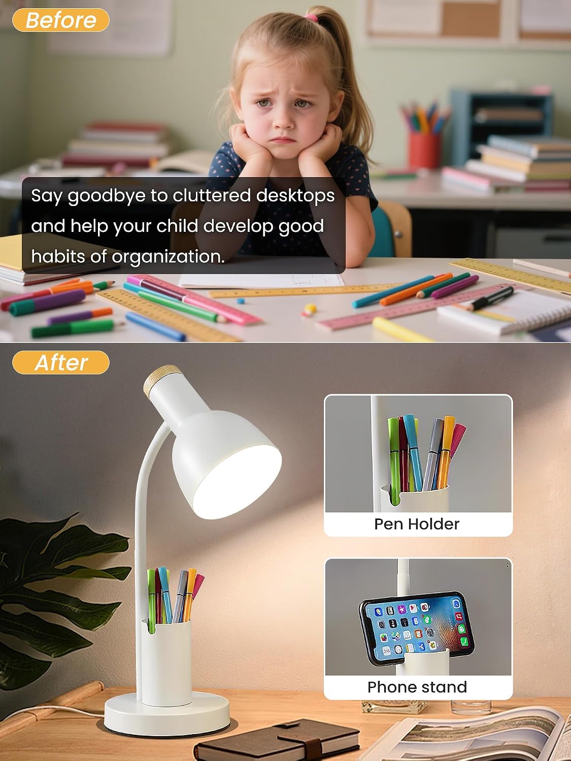 LED Desk Lamp for Home Office, Table Lamp with Pen Holder, 3 Color Modes Reading Light, Eye-Caring Desk Light with Gooseneck, Metal Study Lamp for Dorm Bedside Bedroom (Green Lamp)