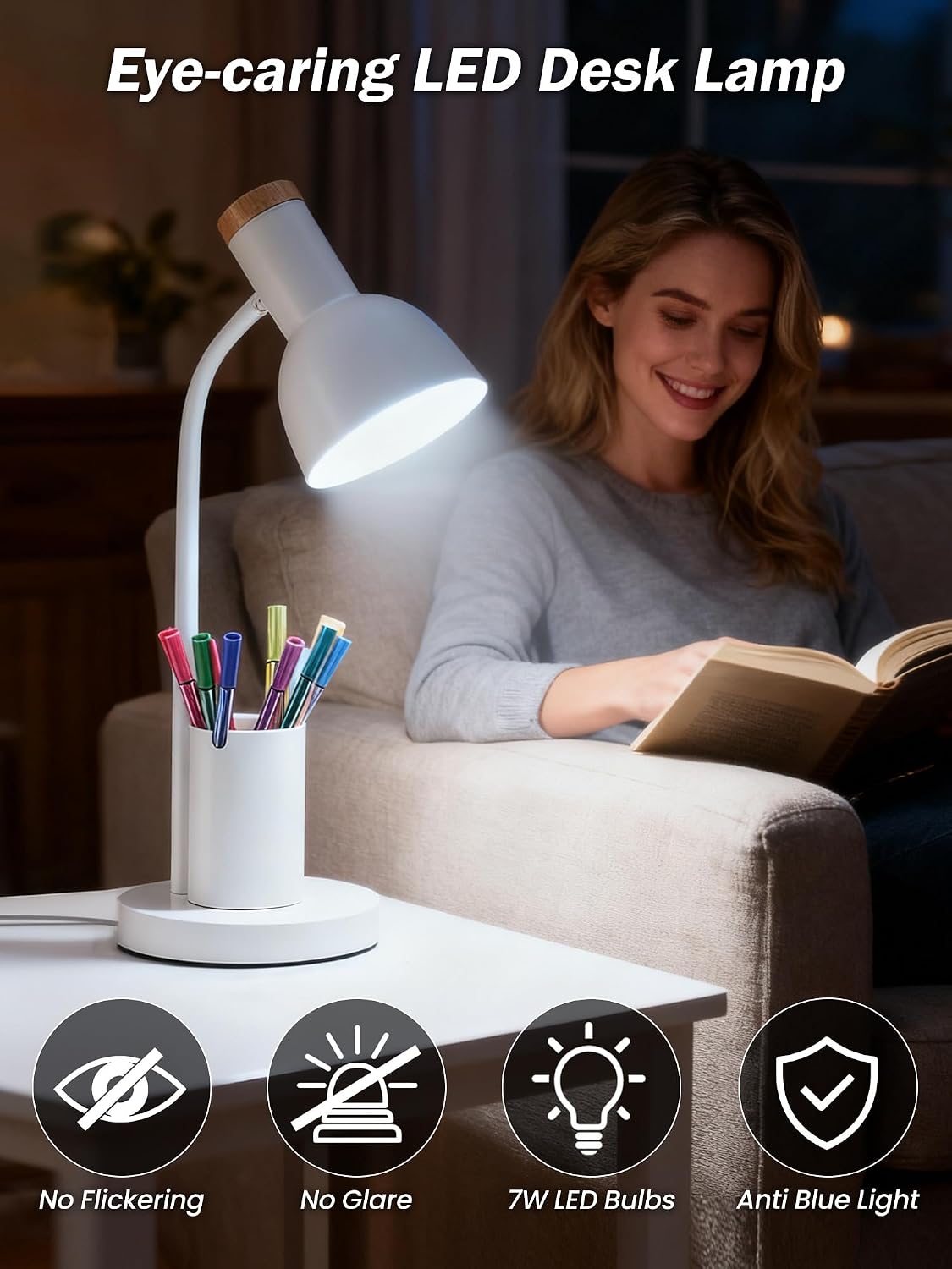 LED Desk Lamp for Home Office, Table Lamp with Pen Holder, 3 Color Modes Reading Light, Eye-Caring Desk Light with Gooseneck, Metal Study Lamp for Dorm Bedside Bedroom (Green Lamp)