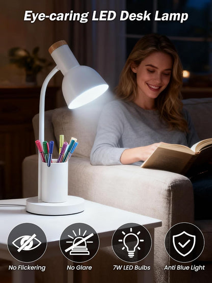 LED Desk Lamp for Home Office, Table Lamp with Pen Holder, 3 Color Modes Reading Light, Eye-Caring Desk Light with Gooseneck, Metal Study Lamp for Dorm Bedside Bedroom (Green Lamp)
