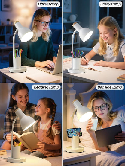LED Desk Lamp for Home Office, Table Lamp with Pen Holder, 3 Color Modes Reading Light, Eye-Caring Desk Light with Gooseneck, Metal Study Lamp for Dorm Bedside Bedroom (Green Lamp)