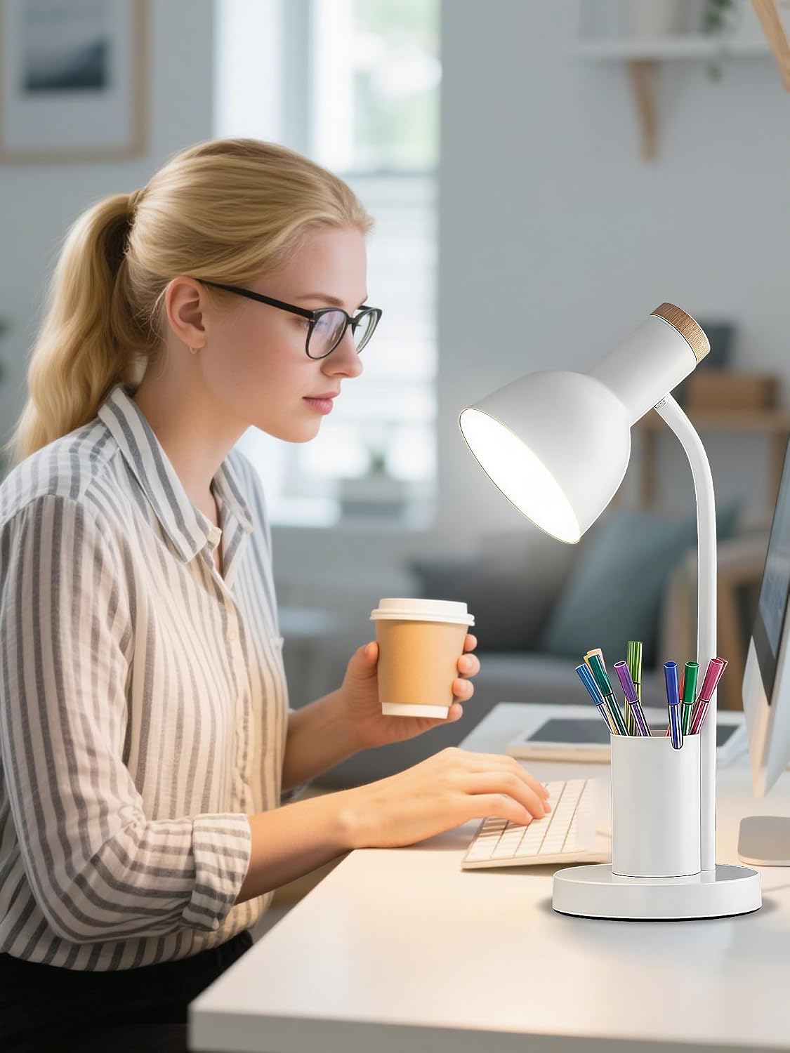 LED Desk Lamp for Home Office, Table Lamp with Pen Holder, 3 Color Modes Reading Light, Eye-Caring Desk Light with Gooseneck, Metal Study Lamp for Dorm Bedside Bedroom (Green Lamp)