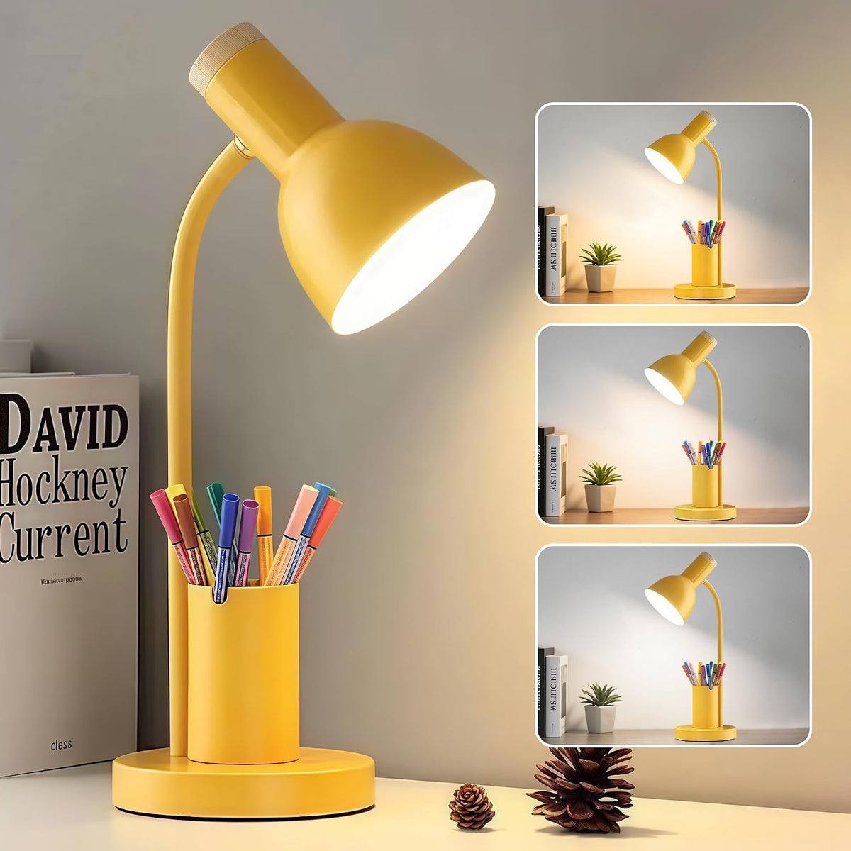 LED Desk Lamp for Home Office, Table Lamp with Pen Holder, 3 Color Modes Reading Light, Eye-Caring Desk Light with Gooseneck, Metal Study Lamp for Dorm Bedside Bedroom (Green Lamp)
