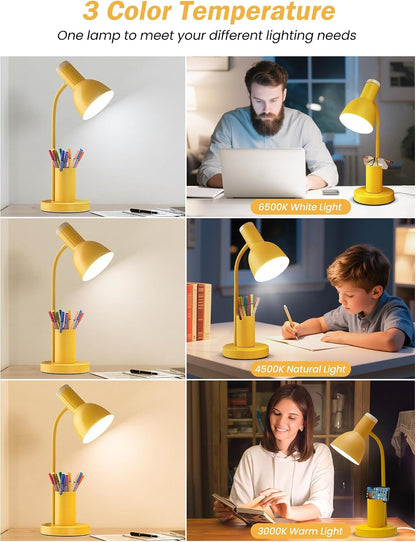 LED Desk Lamp for Home Office, Table Lamp with Pen Holder, 3 Color Modes Reading Light, Eye-Caring Desk Light with Gooseneck, Metal Study Lamp for Dorm Bedside Bedroom (Green Lamp)