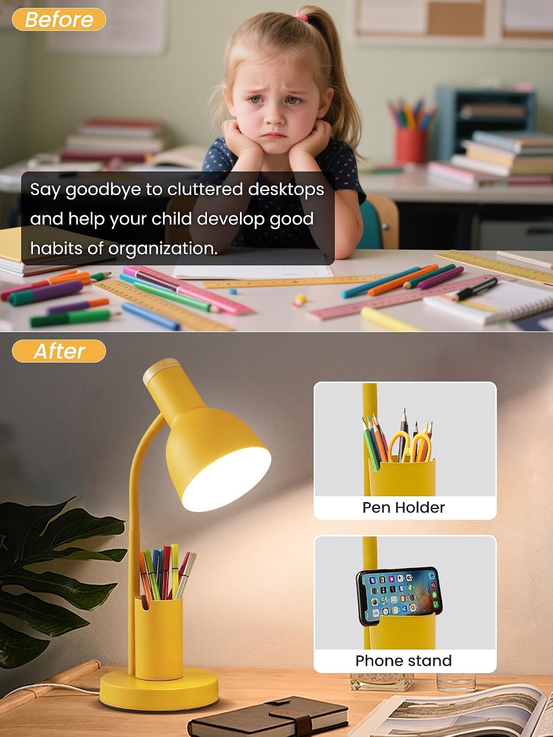 LED Desk Lamp for Home Office, Table Lamp with Pen Holder, 3 Color Modes Reading Light, Eye-Caring Desk Light with Gooseneck, Metal Study Lamp for Dorm Bedside Bedroom (Green Lamp)
